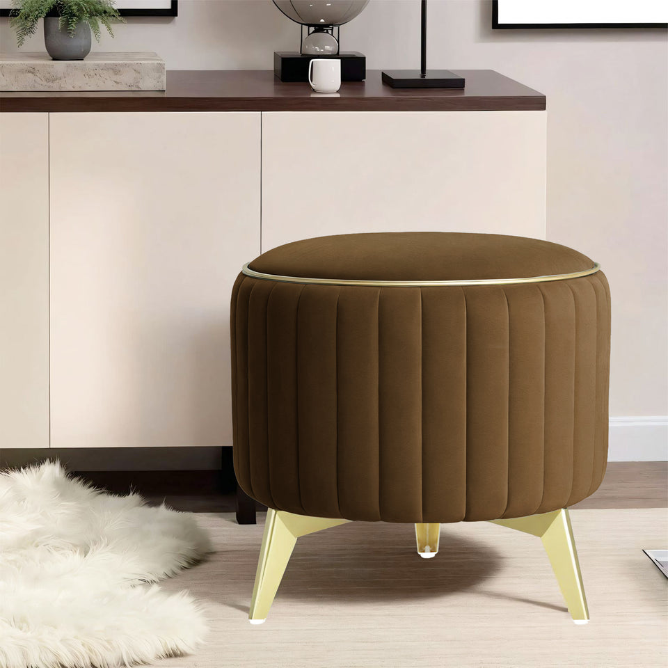 Olivia Round 1 Seater Ottoman Pouffe Striped Pattern with Velvet Suede Fabric (Brown)