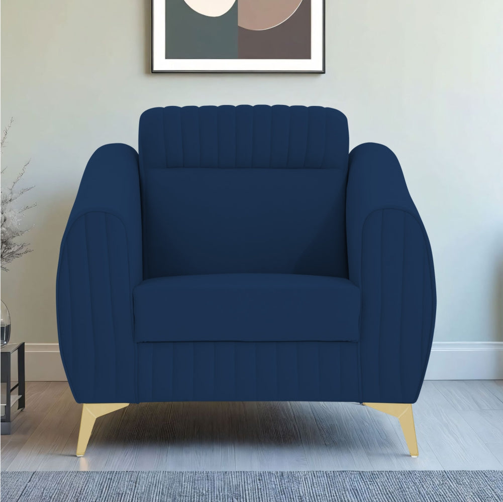 Adorn India Premium Luster Plus 1 Seater Sofa | Velvet Suede Fabric | 3-Year Warranty | Color Blue with Golden Legs & Striped Pattern Cushion
