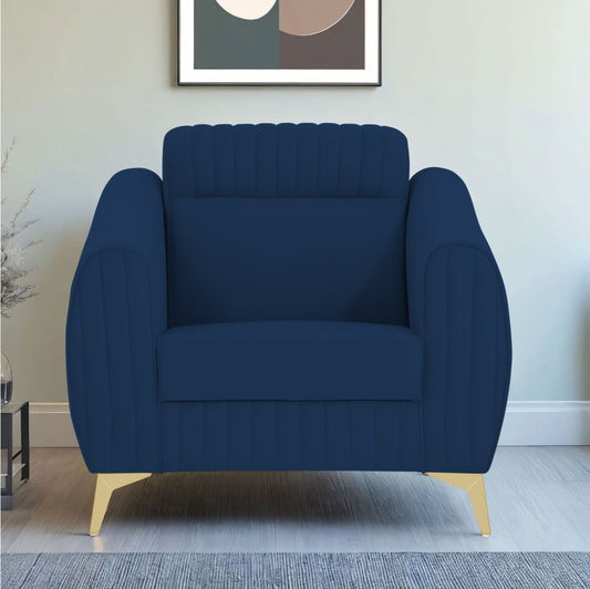 Adorn India Premium Valentino 1 Seater Sofa | Velvet Suede Fabric | 3-Year Warranty | Color Blue with Golden Legs & Striped Pattern Cushion