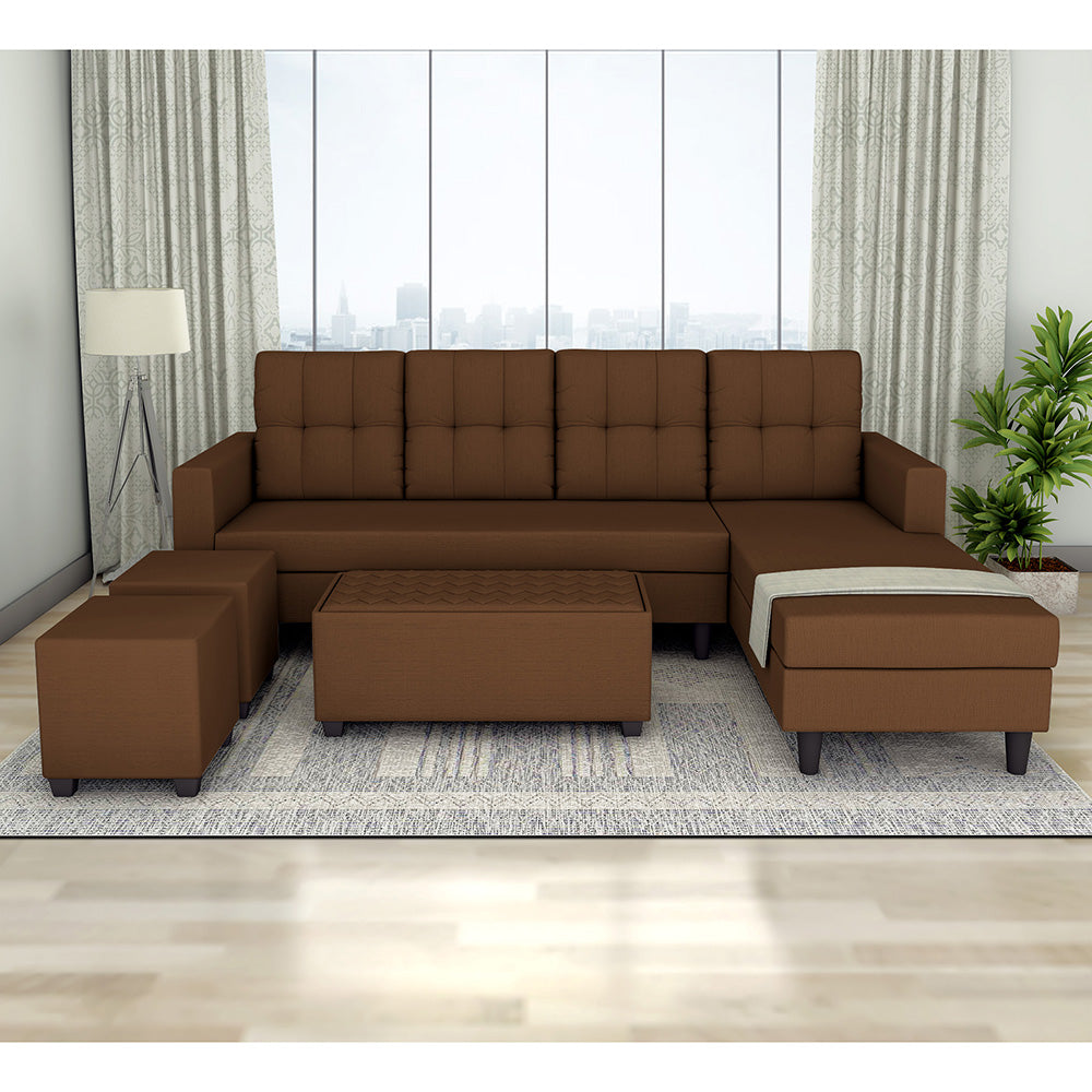 Adorn India Darcy L Shape 8 Seater Sofa Set with Center Table and 2 Ottoman Puffy (RHS) (Brown) (3 Year Warranty)