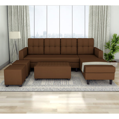 Adorn India Darcy L Shape 8 Seater Sofa Set with Center Table and 2 Ottoman Puffy (RHS) (Brown) (3 Year Warranty)