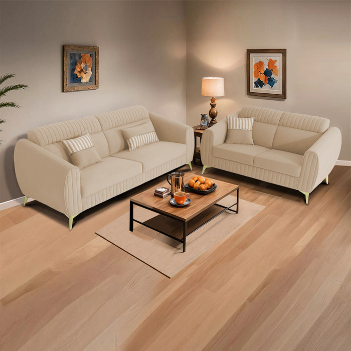 Adorn India Premium Luster Plus 3-2 Sofa Set | Velvet Suede Fabric | 3-Year Warranty | Color Beige with Golden Legs & Striped Pattern Cushion