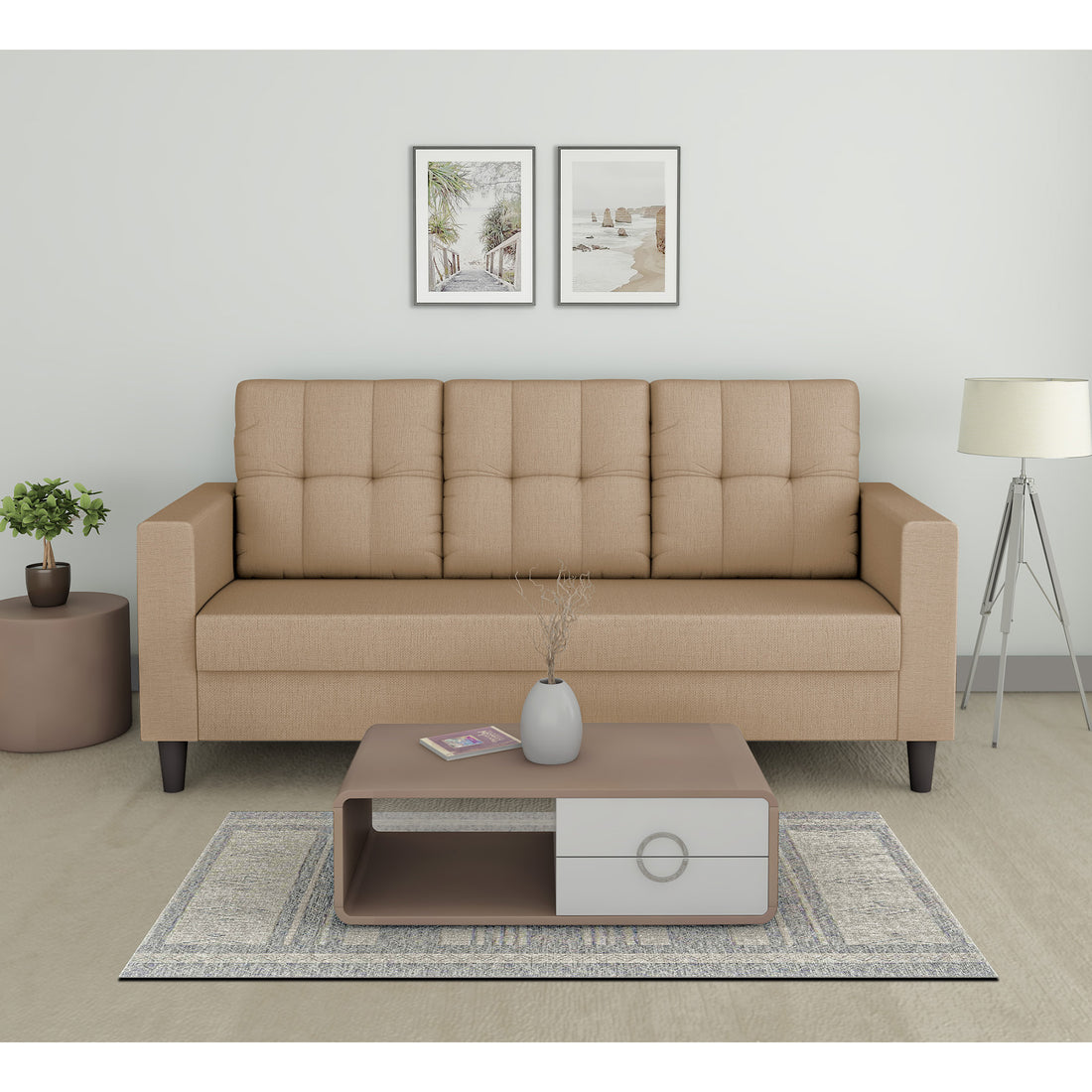 Adorn India Darcy 3 Seater Sofa (Beige) (3 Year Warranty)