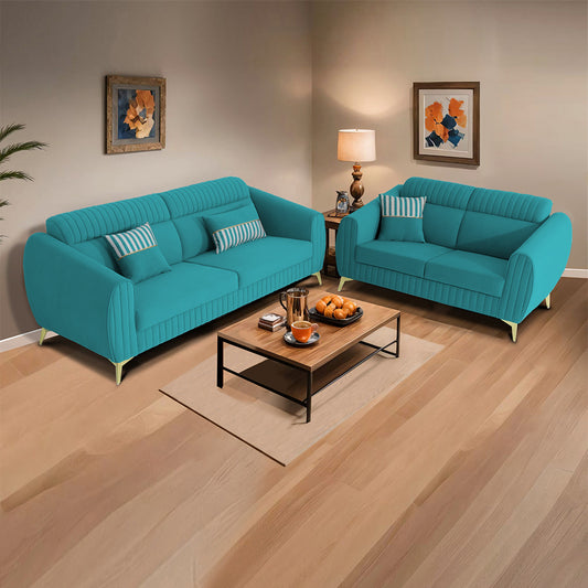 Adorn India Premium Valentino 3-2 Sofa Set | Velvet Suede Fabric | 3-Year Warranty | Color Aqua Blue with Golden Legs & Striped Pattern Cushion