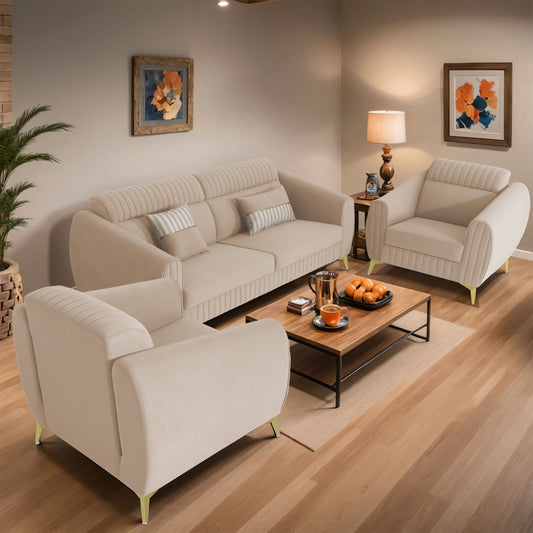 Adorn India Premium Valentino 3-1-1 Sofa Set | Velvet Suede Fabric | 3-Year Warranty | Color Beige with Golden Legs & Striped Pattern Cushion
