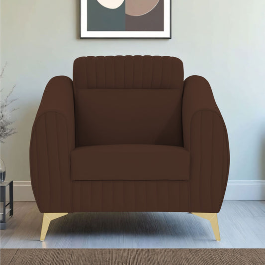 Adorn India Premium Valentino 1 Seater Sofa | Velvet Suede Fabric | 3-Year Warranty | Color Brown with Golden Legs & Striped Pattern Cushion