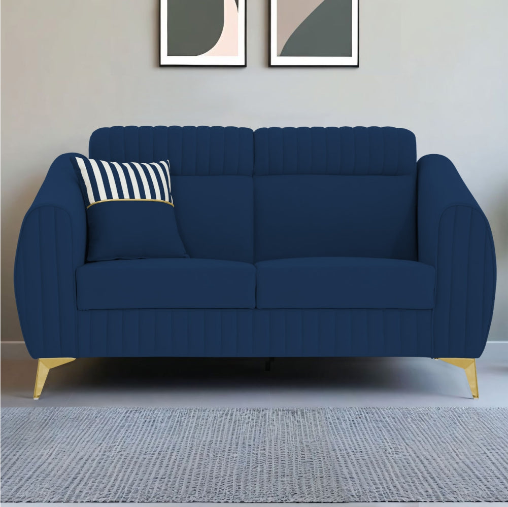 Adorn India Premium Luster Plus 2 Seater Sofa | Velvet Suede Fabric | 3-Year Warranty | Color Blue with Golden Legs & Striped Pattern Cushion