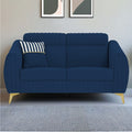 Adorn India Premium Luster Plus 2 Seater Sofa | Velvet Suede Fabric | 3-Year Warranty | Color Blue with Golden Legs & Striped Pattern Cushion