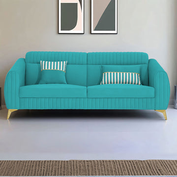 Adorn India Premium Luster Plus 3 Seater Sofa | Velvet Suede Fabric | 3-Year Warranty | Color Aqua Blue with Golden Legs & Striped Pattern Cushion