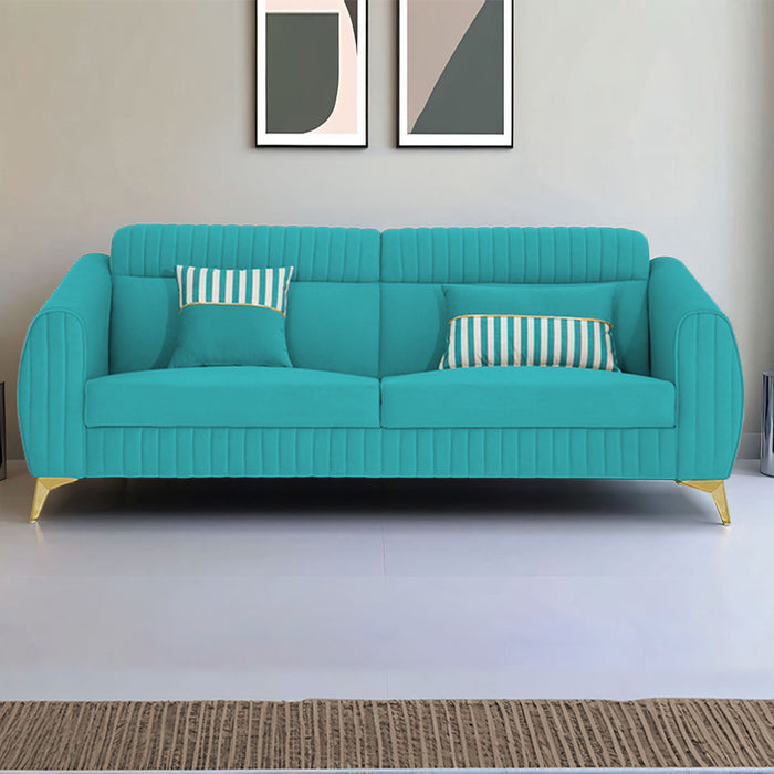 Adorn India Premium Luster Plus 3 Seater Sofa | Velvet Suede Fabric | 3-Year Warranty | Color Aqua Blue with Golden Legs & Striped Pattern Cushion