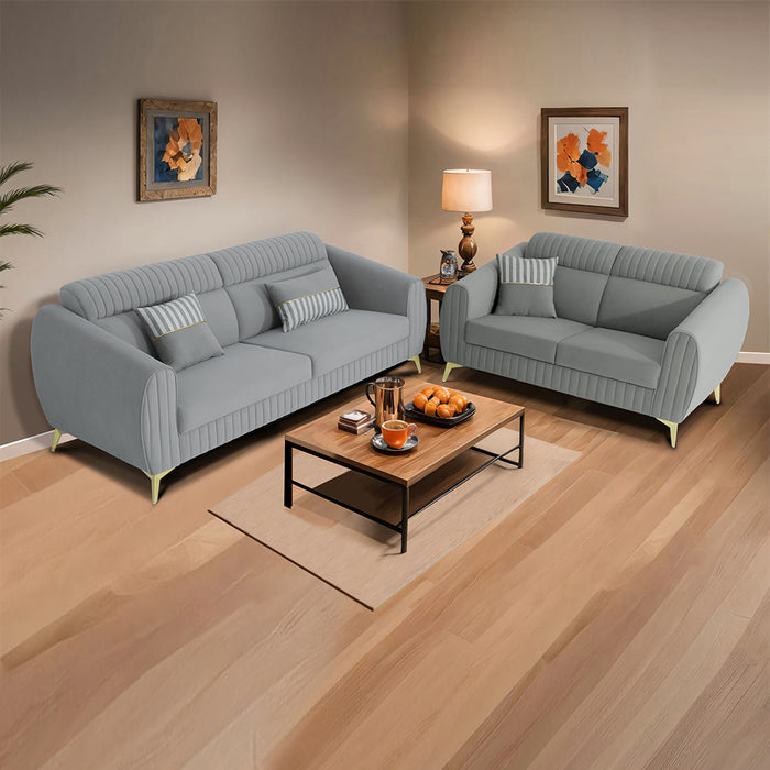 Adorn India Premium Luster Plus 3-2 Sofa Set | Velvet Suede Fabric | 3-Year Warranty | Color Grey with Golden Legs & Striped Pattern Cushion