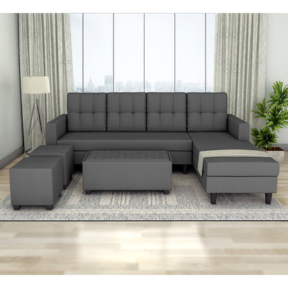 Adorn India Darcy L Shape 8 Seater Sofa Set with Center Table and 2 Ottoman Puffy (RHS) (Grey) (3 Year Warranty)