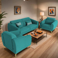 Adorn India Premium Luster Plus 3-1-1 Sofa Set | Velvet Suede Fabric | 3-Year Warranty | Color Aqua Blue with Golden Legs & Striped Pattern Cushion
