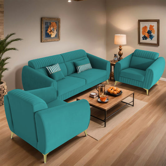 Adorn India Premium Valentino 3-1-1 Sofa Set | Velvet Suede Fabric | 3-Year Warranty | Color Aqua Blue with Golden Legs & Striped Pattern Cushion