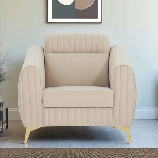Adorn India Premium Valentino 1 Seater Sofa | Velvet Suede Fabric | 3-Year Warranty | Color Beige with Golden Legs & Striped Pattern Cushion