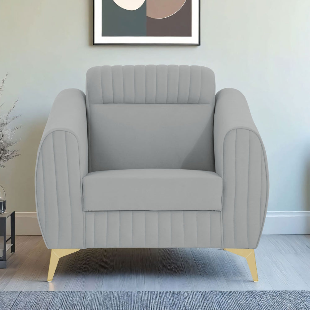 Adorn India Premium Luster Plus 1 Seater Sofa | Velvet Suede Fabric | 3-Year Warranty | Color Grey with Golden Legs & Striped Pattern Cushion