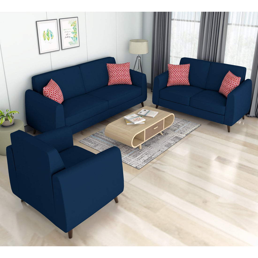 Adorn India Harlem 6 Seater 3+2+1 Fabric Sofa Set (Blue) (3 Year Warranty)