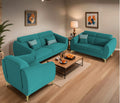 Adorn India Premium Luster Plus 3-2-1 Sofa Set | Velvet Suede Fabric | 3-Year Warranty | Color Aqua Blue with Golden Legs & Striped Pattern Cushion