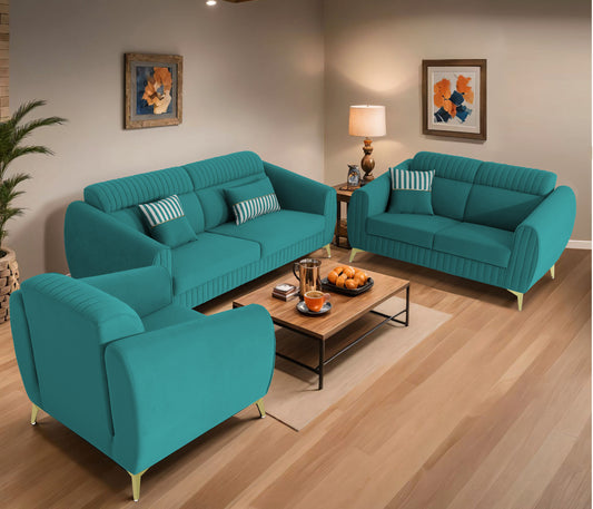 Adorn India Premium Valentino 3-2-1 Sofa Set | Velvet Suede Fabric | 3-Year Warranty | Color Aqua Blue with Golden Legs & Striped Pattern Cushion