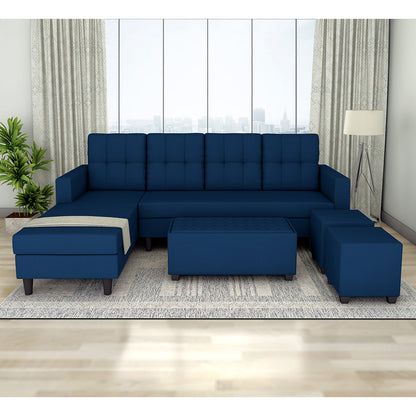 Adorn India Darcy L Shape 8 Seater Sofa Set with Center Table and 2 Ottoman Puffy (LHS) (Blue)