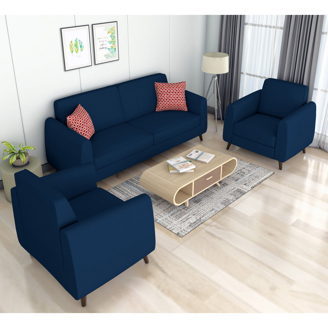 Adorn India Harlem 5 Seater 3-1-1 Sofa Set (Blue)(3 Year Warranty)