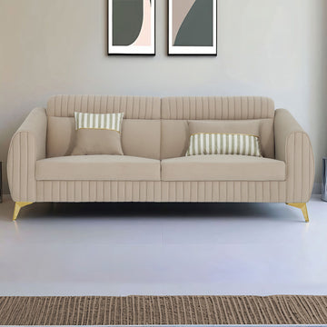 Adorn India Premium Luster Plus 3 Seater Sofa | Velvet Suede Fabric | 3-Year Warranty | Color Beige with Golden Legs & Striped Pattern Cushion