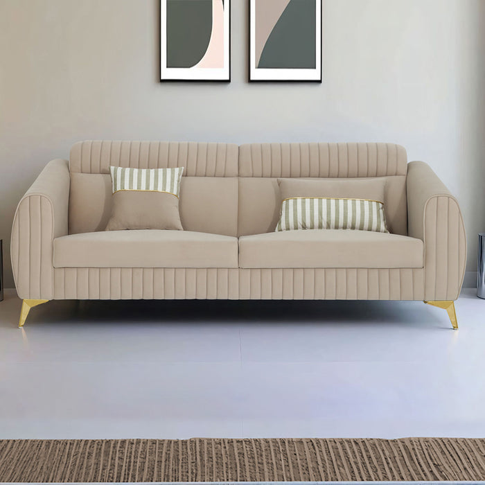 Adorn India Premium Luster Plus 3 Seater Sofa | Velvet Suede Fabric | 3-Year Warranty | Color Beige with Golden Legs & Striped Pattern Cushion