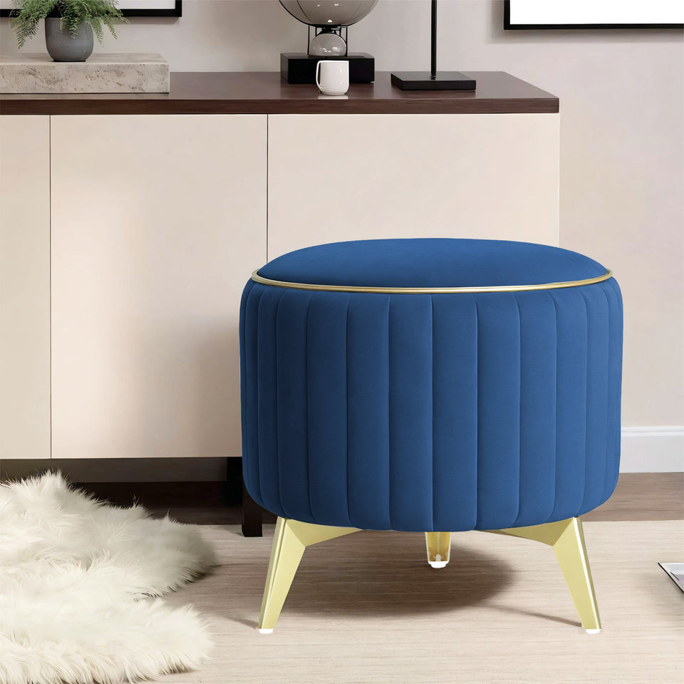 Olivia Round 1 Seater Ottoman Pouffe Striped Pattern with Velvet Suede Fabric (Blue)