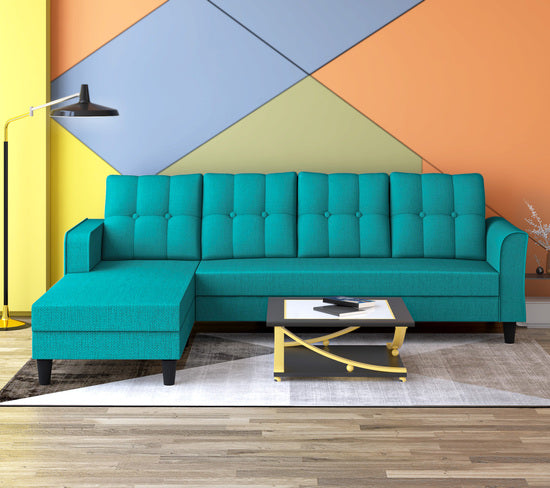 Adorn India Maddox Tufted L Shape 5 Seater Sofa Set LHS (Aqua Blue) (3 Year Warranty)