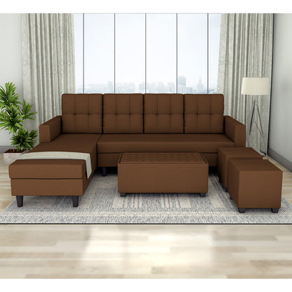 Adorn India Darcy L Shape 8 Seater Sofa Set with Center Table and 2 Ottoman Puffy (LHS) (Brown)