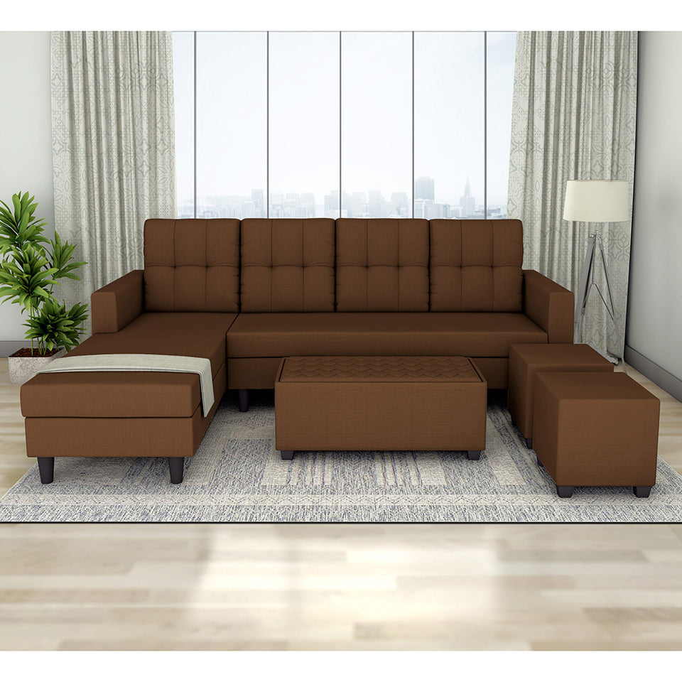 Darcy L Shape 8 Seater Sofa Set with Center Table and 2 Ottoman Puffy (LHS) (Brown)