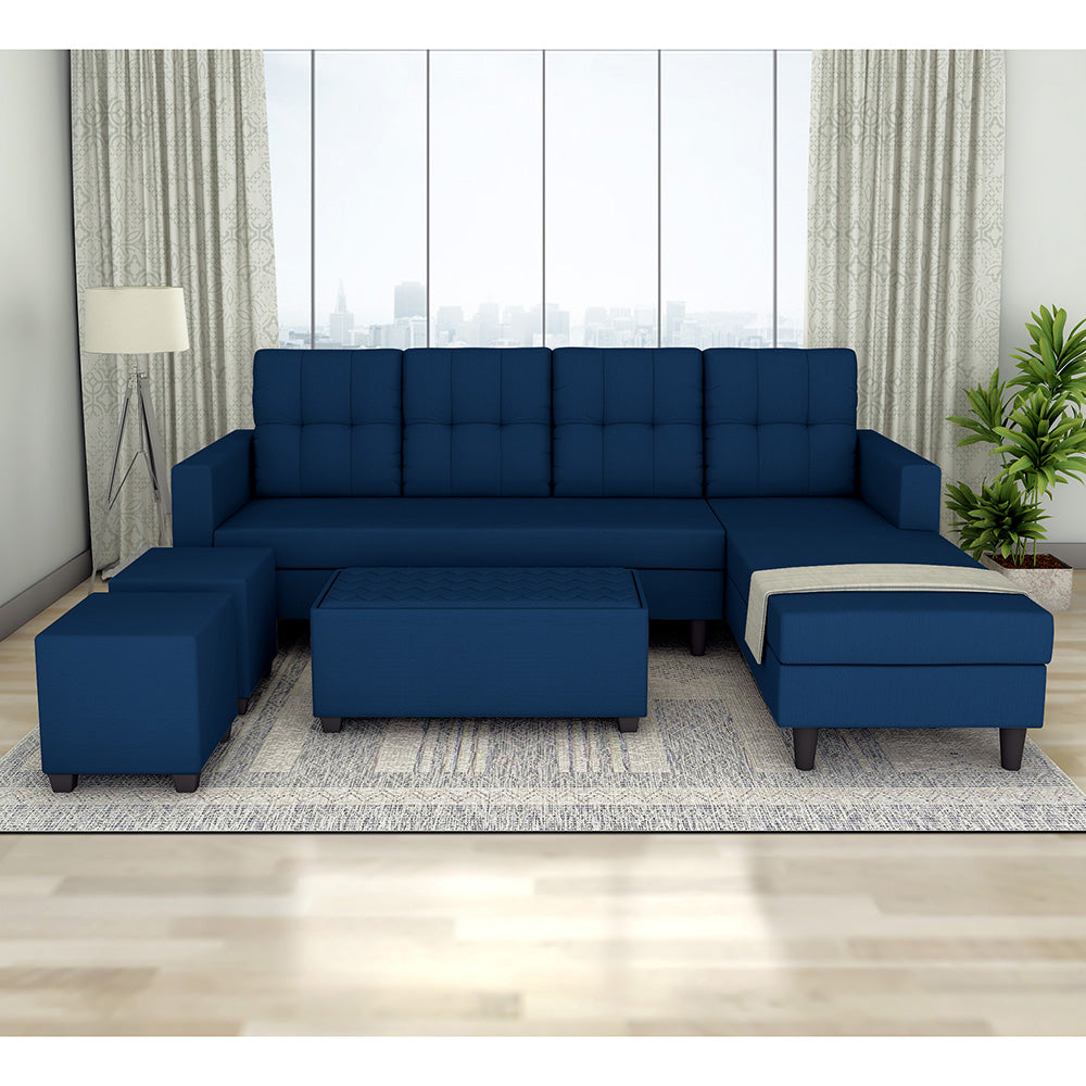 Adorn India Darcy L Shape 8 Seater Sofa Set with Center Table and 2 Ottoman Puffy (RHS) (Blue) (3 Year Warranty)