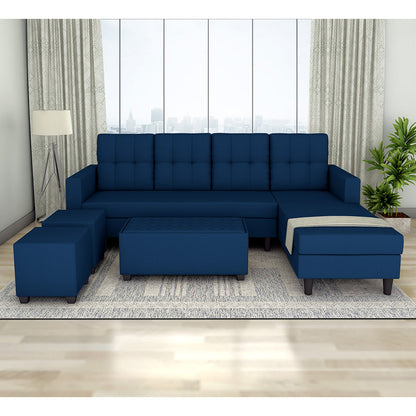 Adorn India Darcy L Shape 8 Seater Sofa Set with Center Table and 2 Ottoman Puffy (RHS) (Blue) (3 Year Warranty)
