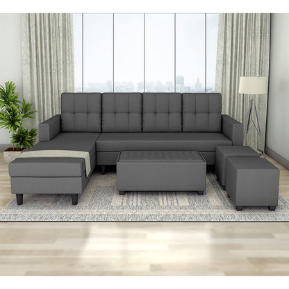 Adorn India Darcy L Shape 8 Seater Sofa Set with Center Table and 2 Ottoman Puffy (Lhs) (Grey) (3 Year Warranty)