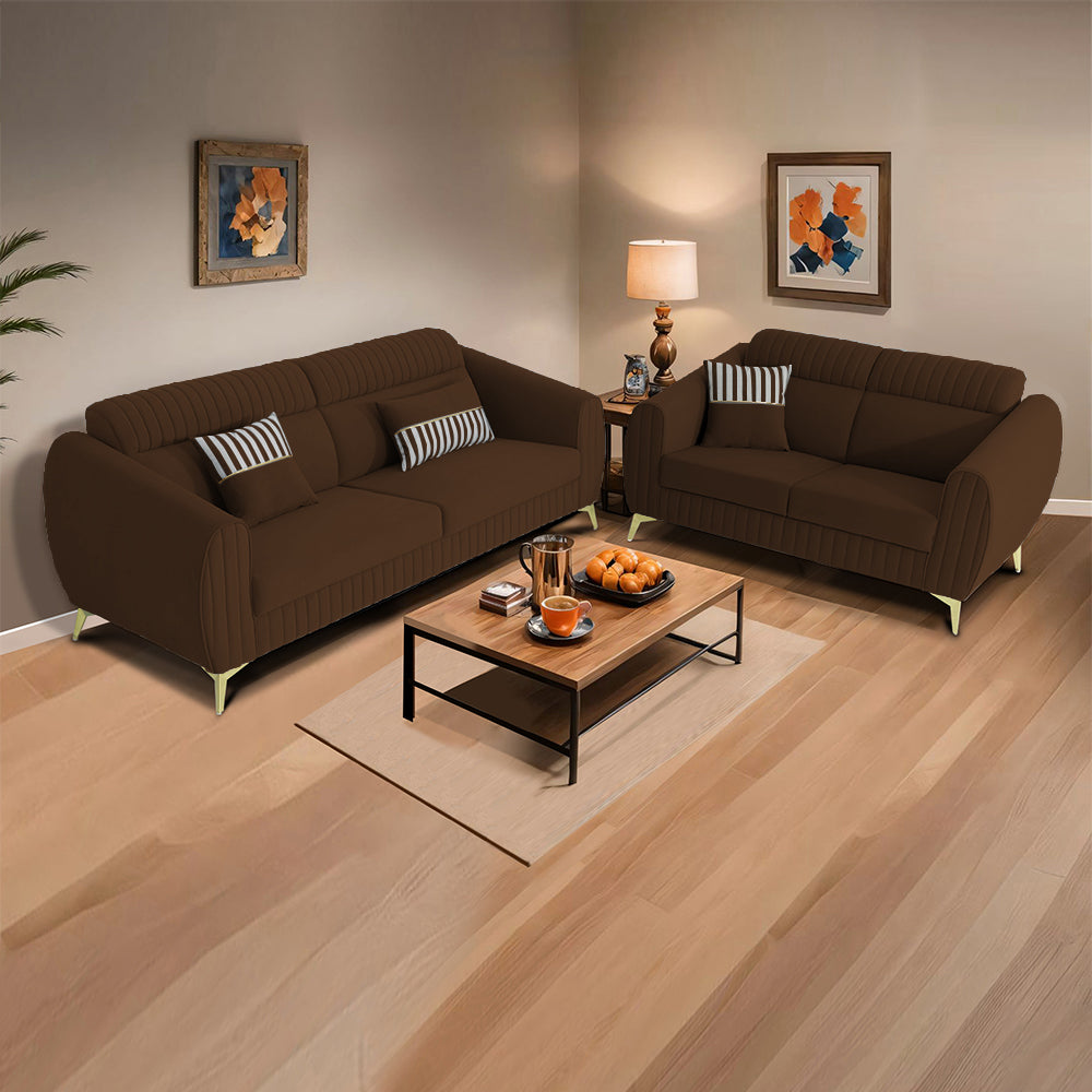 Adorn India Premium Luster Plus 3-2 Sofa Set | Velvet Suede Fabric | 3-Year Warranty | Color Brown with Golden Legs & Striped Pattern Cushion
