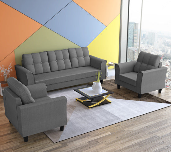 Adorn India Maddox Tufted 3-1-1 5 Seater Wood Sofa Set (Grey) (3 Year Warranty)