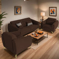Adorn India Premium Luster Plus 3-1-1 Sofa Set | Velvet Suede Fabric | 3-Year Warranty | Color Brown with Golden Legs & Striped Pattern Cushion