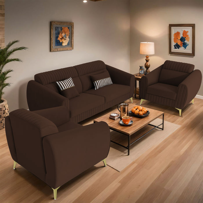 Adorn India Premium Luster Plus 3-1-1 Sofa Set | Velvet Suede Fabric | 3-Year Warranty | Color Brown with Golden Legs & Striped Pattern Cushion