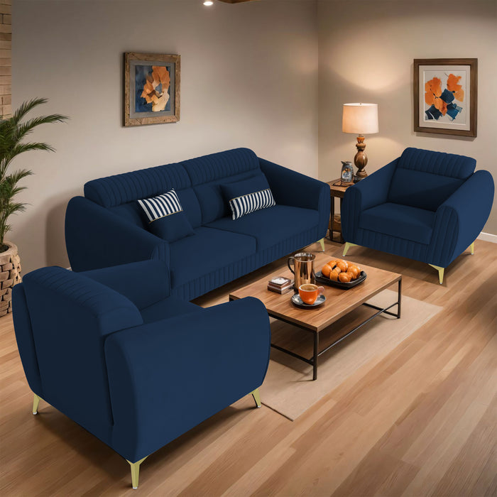 Adorn India Premium Luster Plus 3-1-1 Sofa Set | Velvet Suede Fabric | 3-Year Warranty | Color Blue with Golden Legs & Striped Pattern Cushion