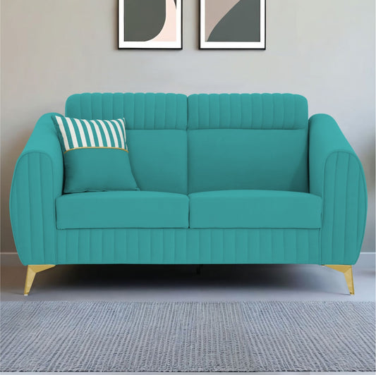 Adorn India Premium Valentino 2 Seater Sofa | Velvet Suede Fabric | 3-Year Warranty | Color Aqua Blue with Golden Legs & Striped Pattern Cushion