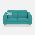 Adorn India Premium Luster Plus 2 Seater Sofa | Velvet Suede Fabric | 3-Year Warranty | Color Aqua Blue with Golden Legs & Striped Pattern Cushion