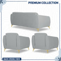 Adorn India Premium Luster Plus 3-1-1 Sofa Set | Velvet Suede Fabric | 3-Year Warranty | Color Grey with Golden Legs & Striped Pattern Cushion
