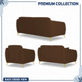 Adorn India Premium Luster Plus 3-2-1 Sofa Set | Velvet Suede Fabric | 3-Year Warranty | Color Brown with Golden Legs & Striped Pattern Cushion