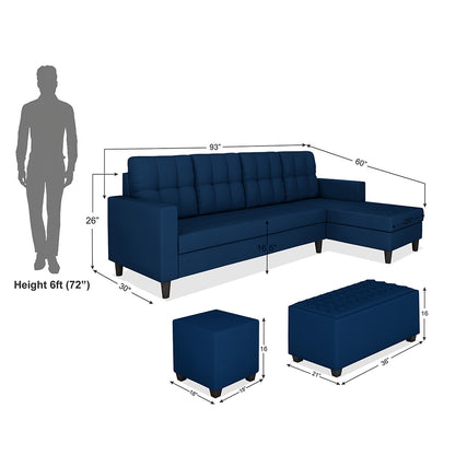 Adorn India Darcy L Shape 8 Seater Sofa Set with Center Table and 2 Ottoman Puffy (RHS) (Blue) (3 Year Warranty)