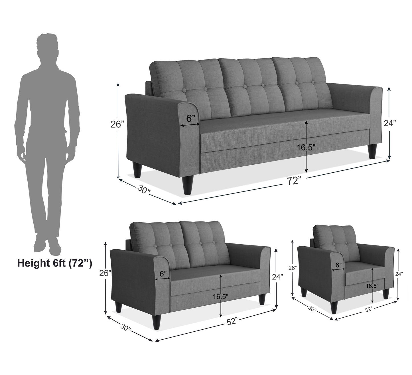 Adorn India Maddox 6 Seater 3+2+1 Sofa Set (Grey)