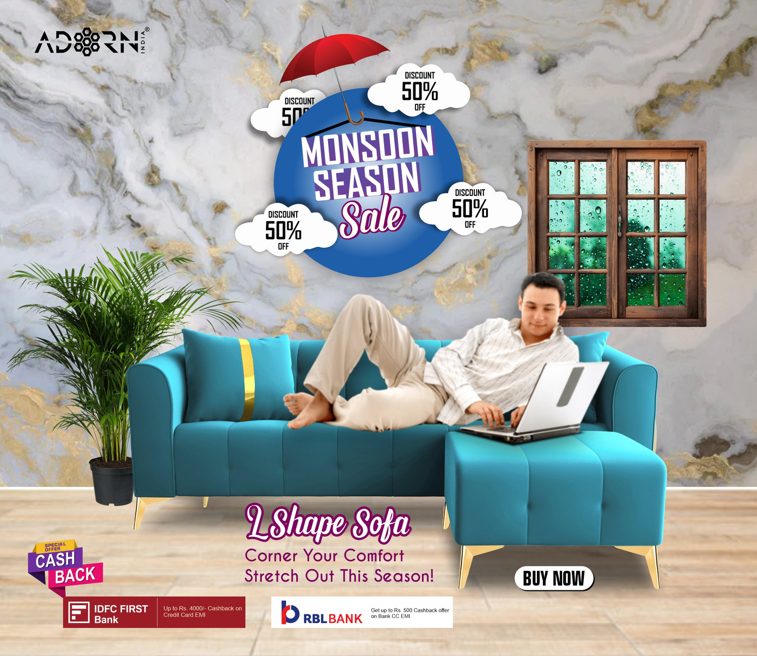 Adorn India (3 Years Warranty Leaf Seater Corner Sofa Right Hand Side (Beige)