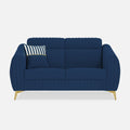 Adorn India Premium Luster Plus 2 Seater Sofa | Velvet Suede Fabric | 3-Year Warranty | Color Blue with Golden Legs & Striped Pattern Cushion