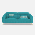 Adorn India Premium Luster Plus 3 Seater Sofa | Velvet Suede Fabric | 3-Year Warranty | Color Aqua Blue with Golden Legs & Striped Pattern Cushion