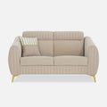 Adorn India Premium Luster Plus 2 Seater Sofa | Velvet Suede Fabric | 3-Year Warranty | Color Beige with Golden Legs & Striped Pattern Cushion