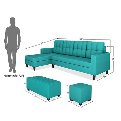 Adorn India Darcy L Shape 8 Seater Sofa Set with Center Table and 2 Ottoman Puffy (LHS) (Aqua Blue)